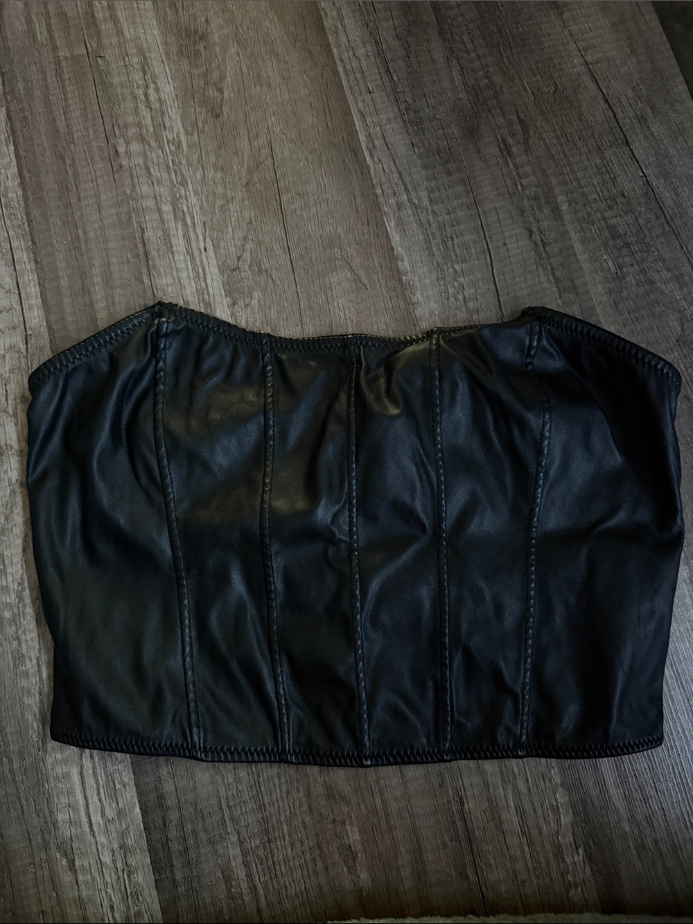 SHEIN Black Faux Leather Bomber-Style Strapless Top